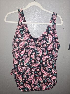 Lands' End Women's Black Paisley Tankini Top with Pink and Teal Accents